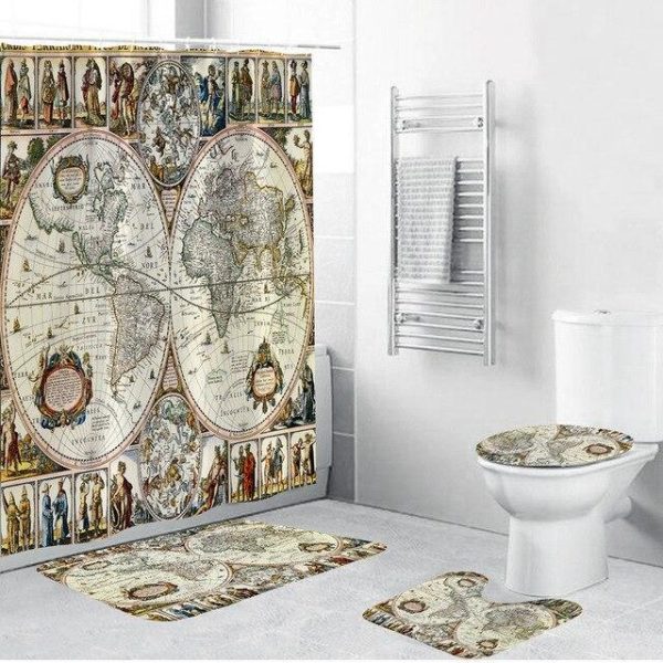 Ensemble de Rideau de Douche Ancien Planisphère