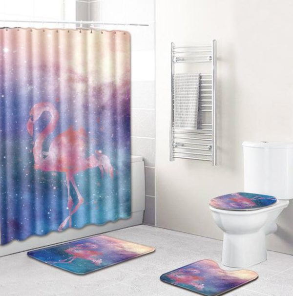 ensemble rideau de douche flamant rose galaxie