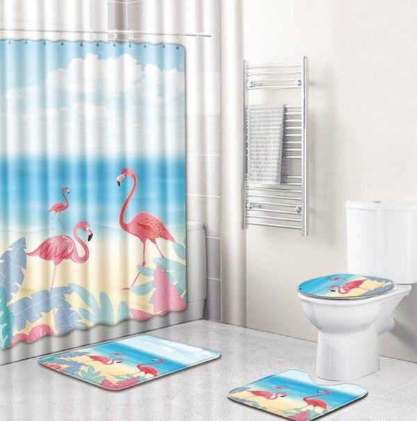 Ensemble de Rideau de Douche Flamant Rose plage