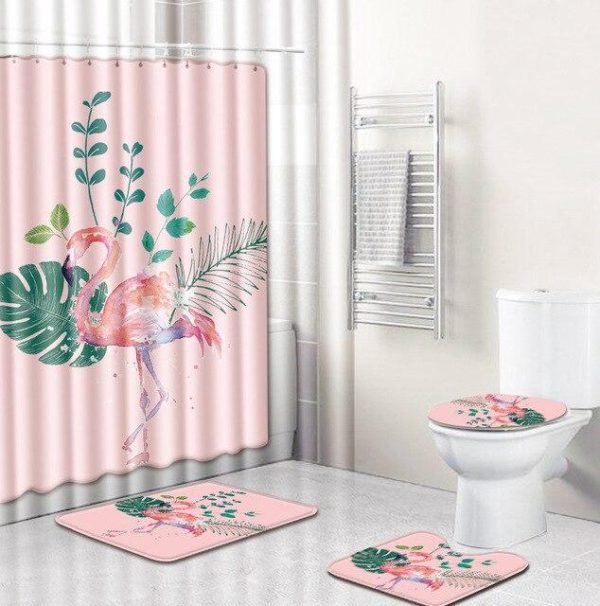 Ensemble Rideau de Douche Nature Flamant Rose